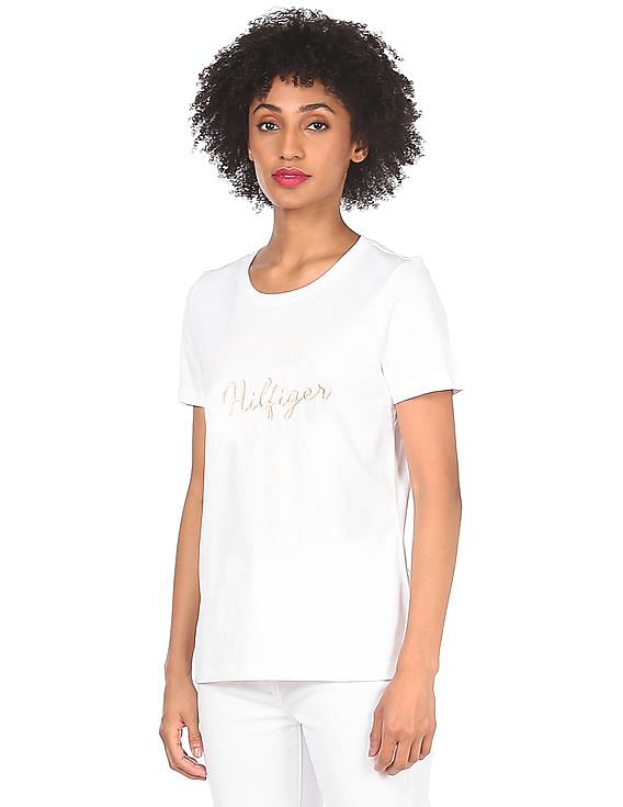 Buy Tommy Hilfiger Women White Round Neck Embroidered Logo T-Shirt -  NNNOW.com