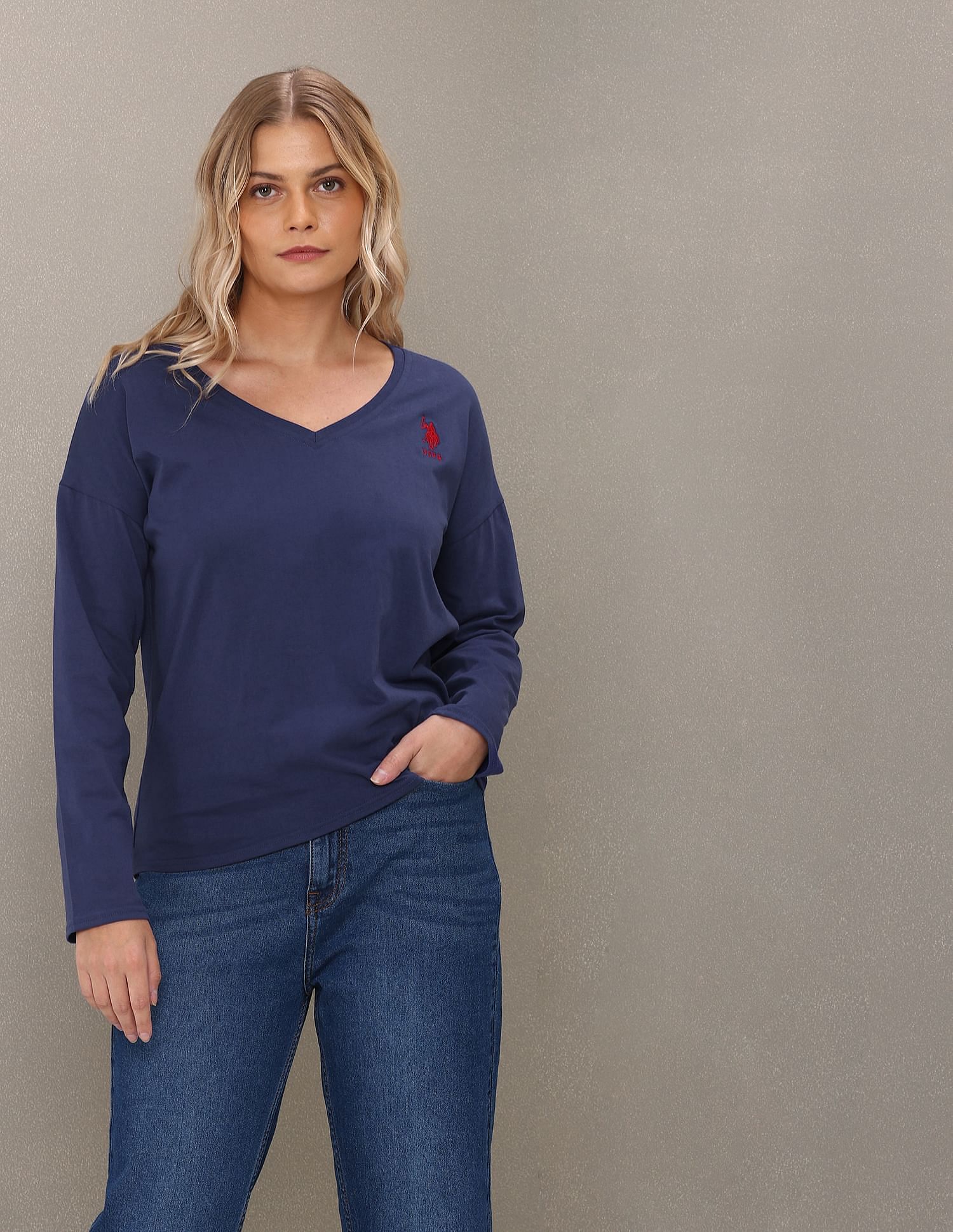 U.S. Polo Assn. Women V-Neck Long Sleeve Solid Top