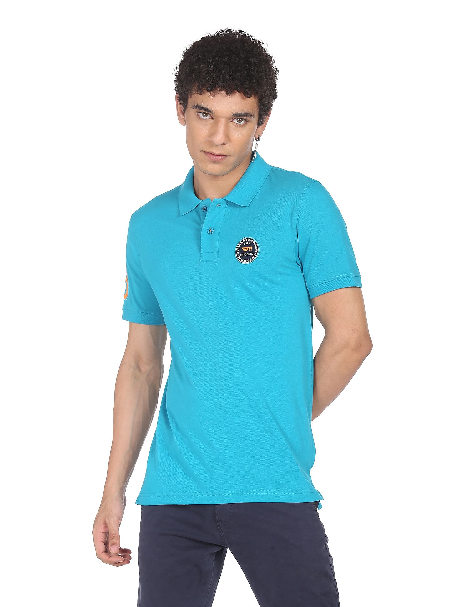 Flying Machine Appliqued Solid Pique Polo Shirt