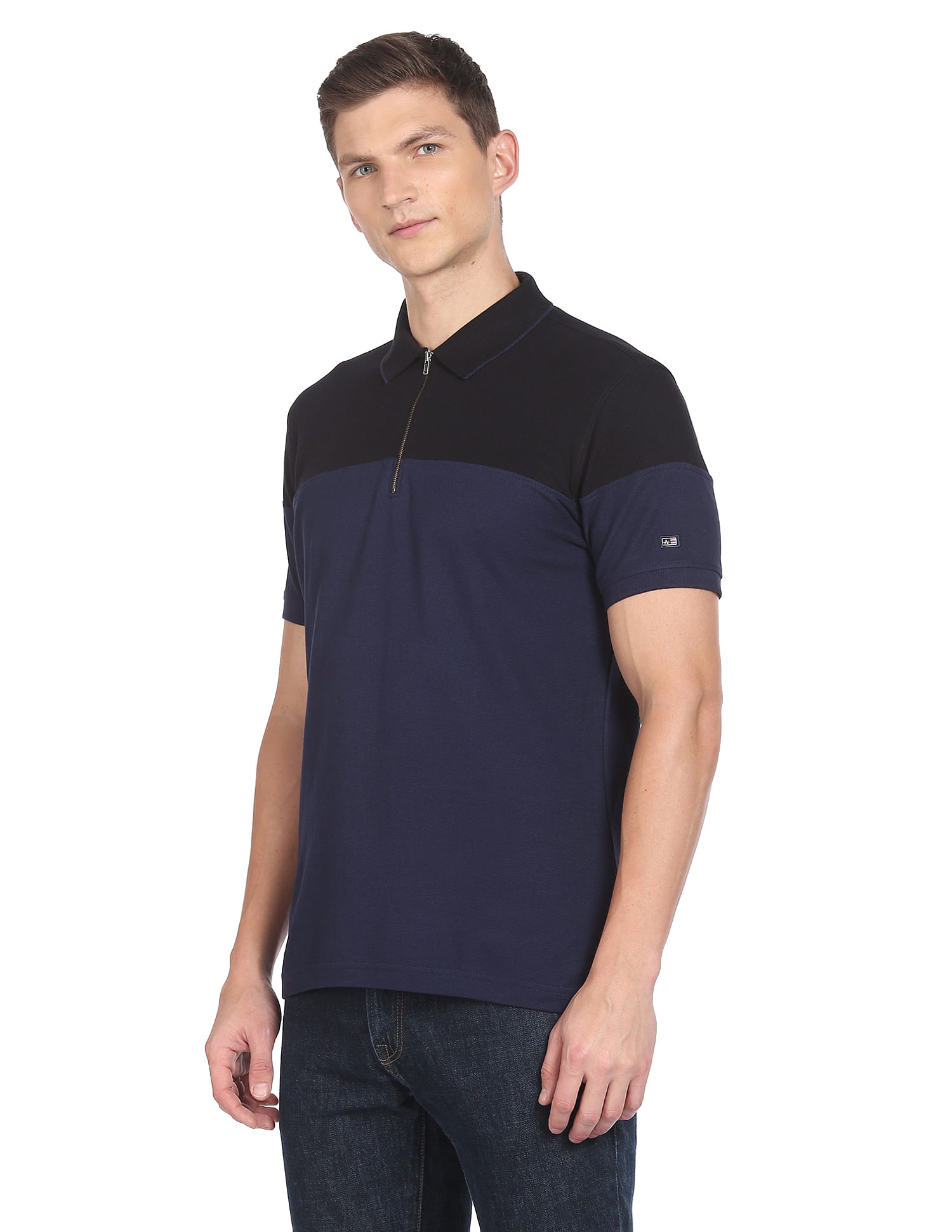 Arrow Sports Zip Placket Colour Block Pique Polo Shirt