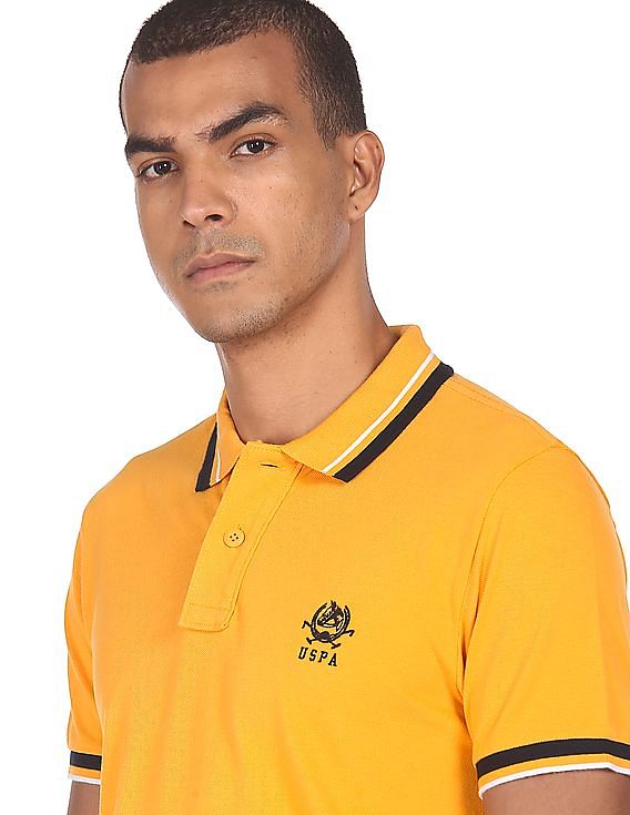U.S. Polo Assn. Men Mustard Striped Collar Solid Pique Polo Shirt