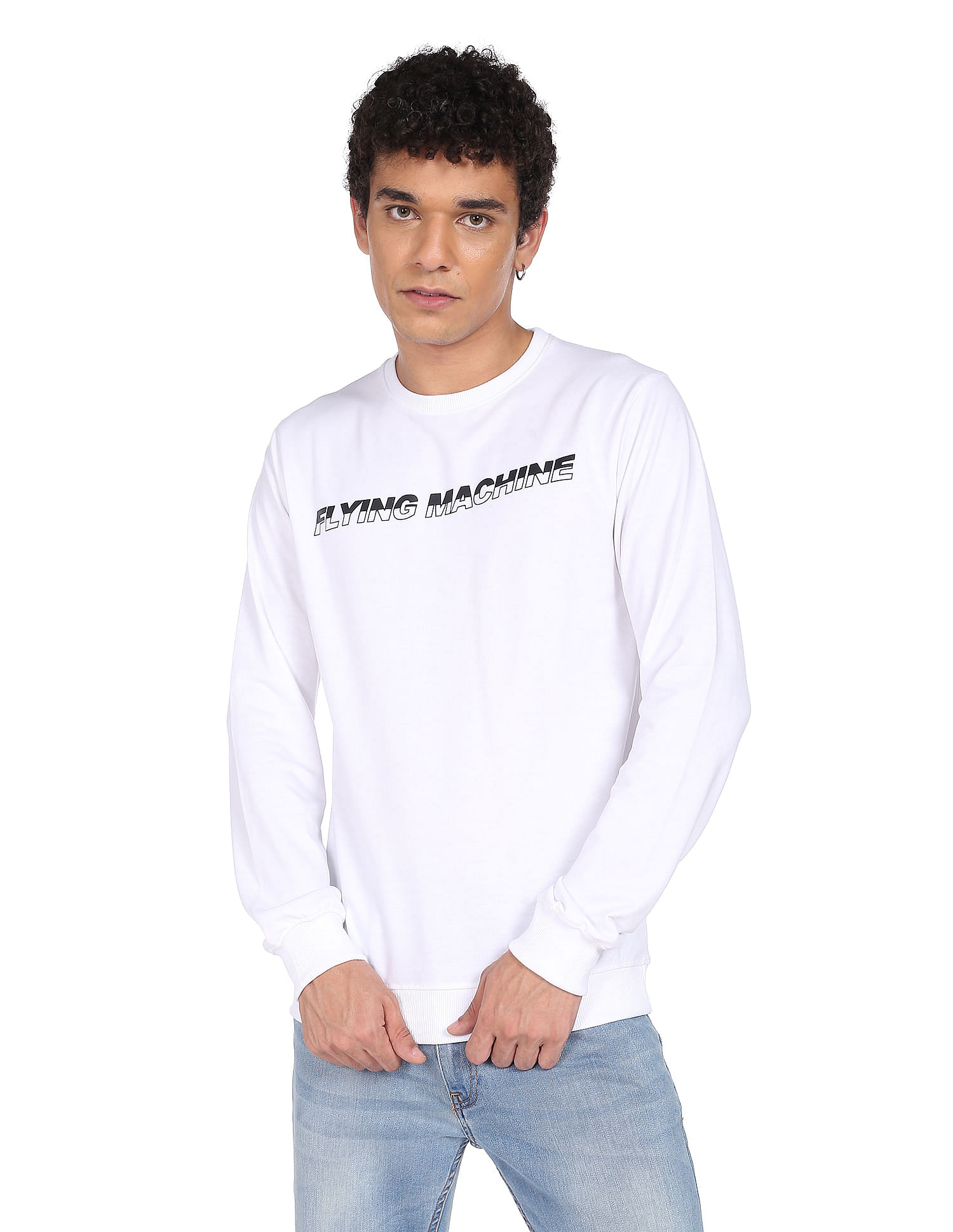 Flying Machine Ribbed Neck Brand Print Sweatshirt
