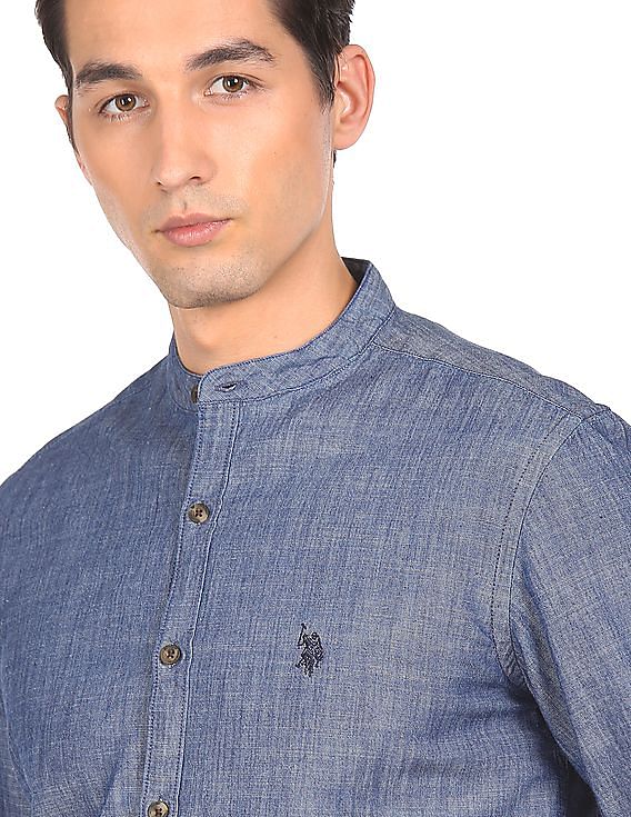 Abercrombie & Fitch Banded Collar Denim Shirt In Light Wash in Blue for Men  | Lyst