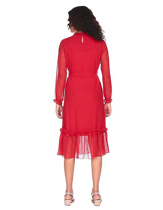Flying Machine Women Ruffled High Neck Slub Design Dress