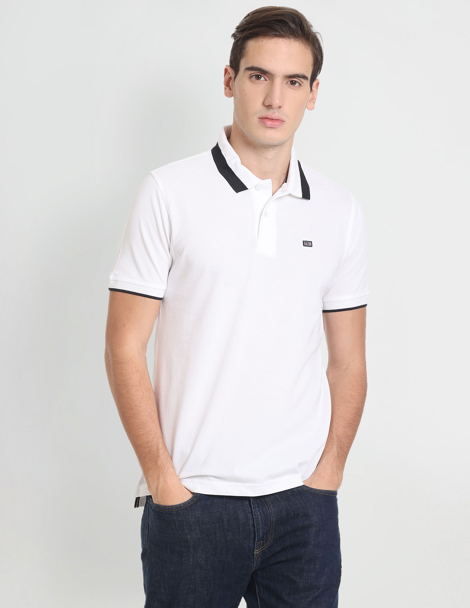 Arrow Sports Striped Collar Solid Pique Polo Shirt