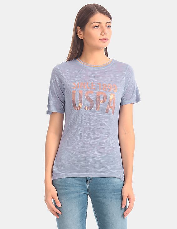 U.S. Polo Assn. Women Blue Slubbed Modal Jersey Printed T-Shirt
