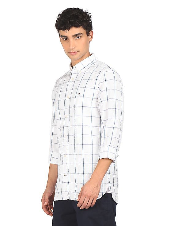 Buy Tommy Hilfiger Men White Button-Down Collar Check Casual Shirt