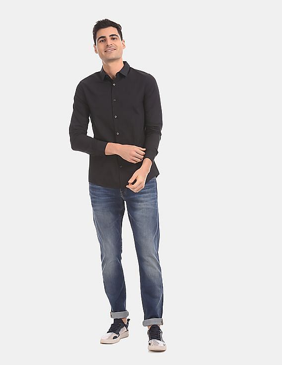 Calvin Klein Men Black Slim Fit Long Sleeve Cotton Stretch Casual Shirt