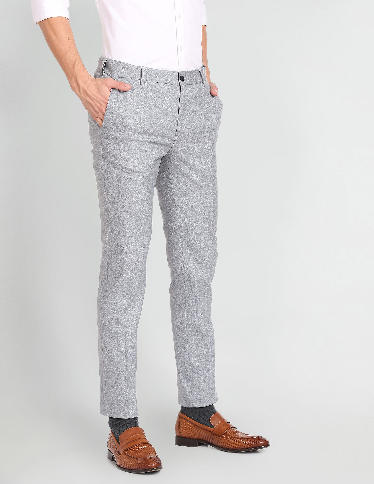 Buy Arrow Men Grey Mid Rise Solid Formal Trousers Online