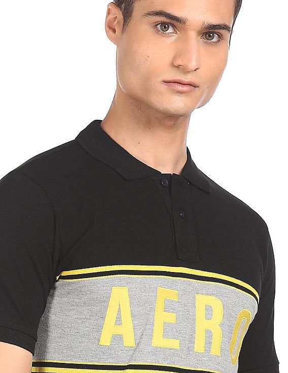 Aeropostale Men Black Ribbed Collar Contrast Stripe Polo Shirt