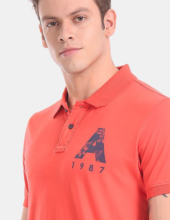 Aeropostale Men Red Brand Print Pique Polo Shirt
