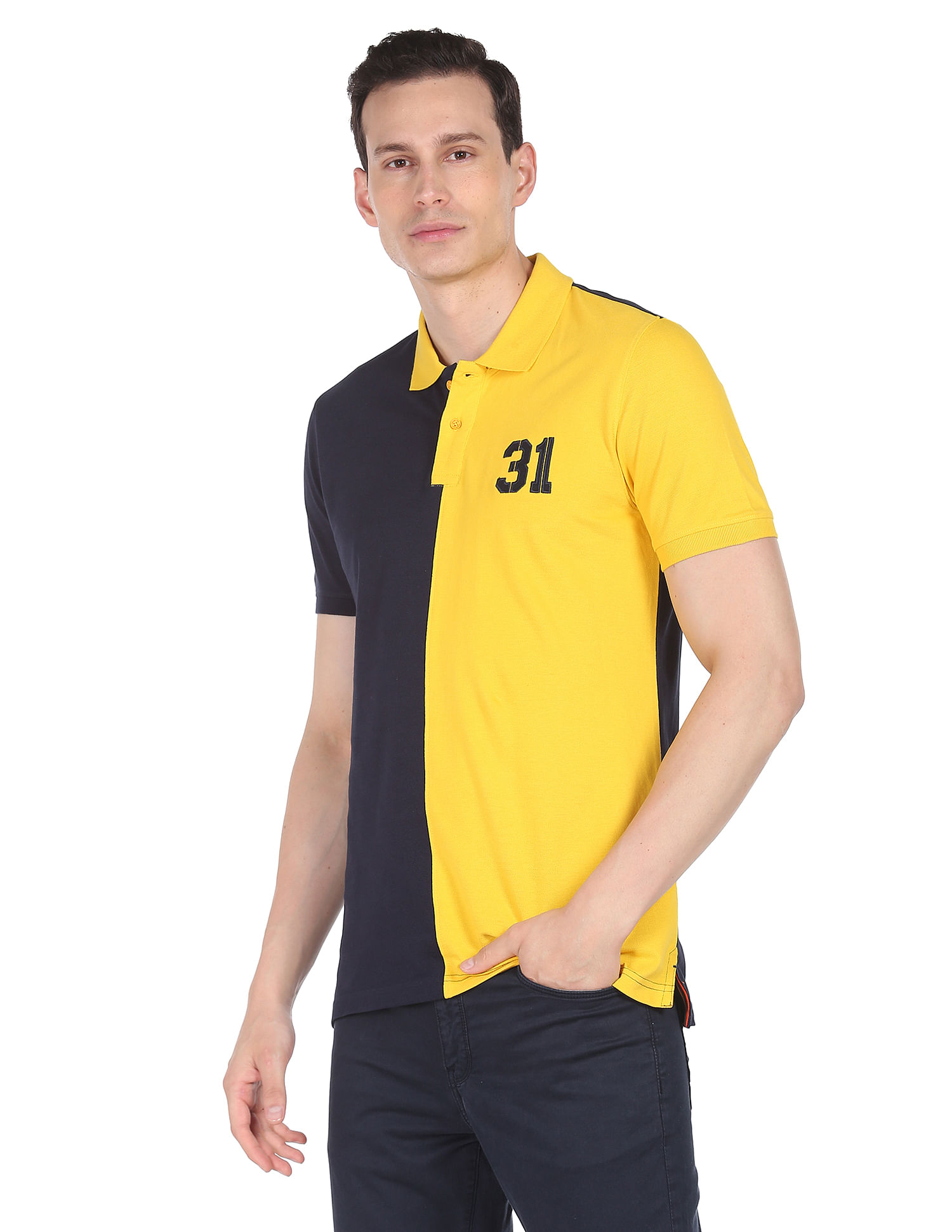 Buy AD by Arvind Men Navy And Yellow Cotton Colour Block Logo Polo Shirt -  NNNOW.com