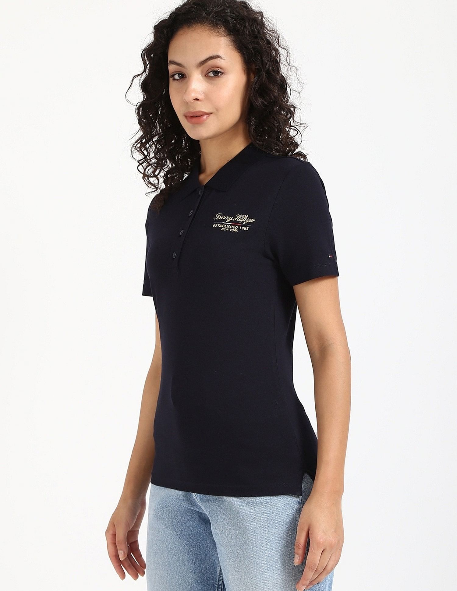 Tommy Hilfiger Womens Blue Solid Polo Shirt