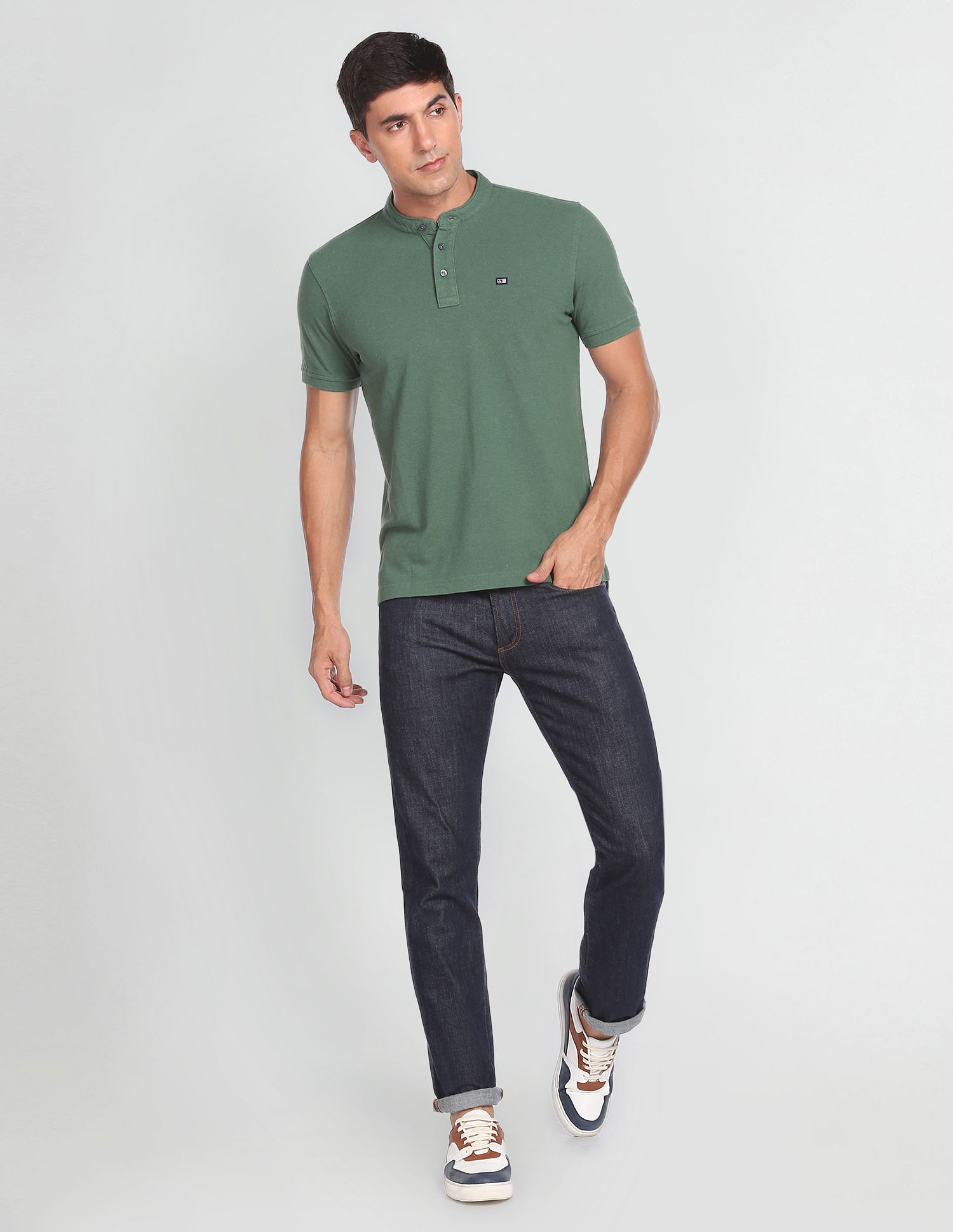 Arrow Sports Mandarin Collar Heathered Polo Shirt
