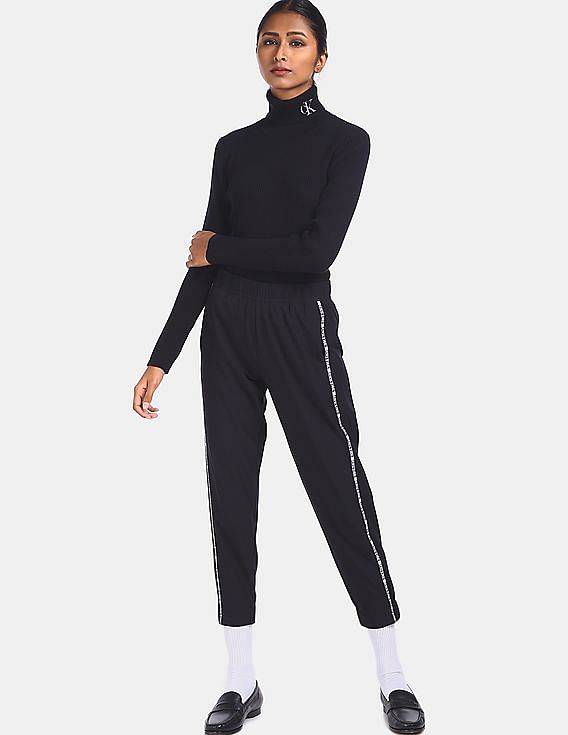 Calvin Klein Women Black Striped High Neck Sweater