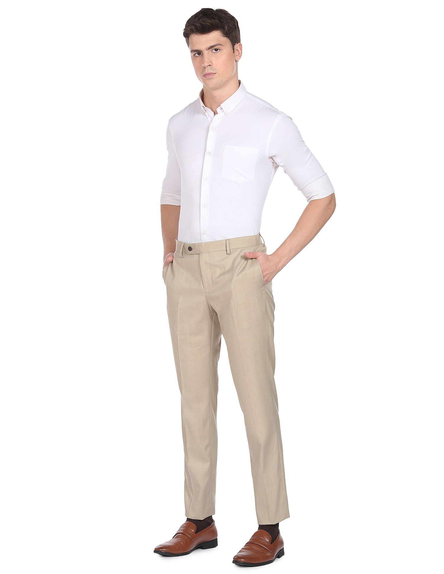 Hancock Men Beige Solids Pure Cotton Slim Fit Formal Trouser