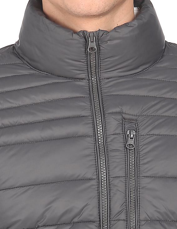 U.S. Polo Assn. Men Grey High Neck Full Zip Solid Puffer Jacket