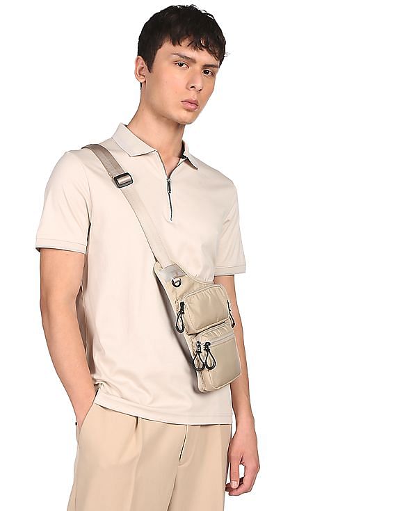 Calvin Klein Men Beige Half Zipper Smooth Cotton Polo Shirt