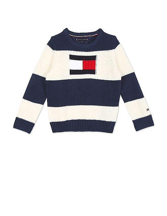 Buy Tommy Hilfiger Kids Boys Navy And White Crew Neck Colour Block Sweater