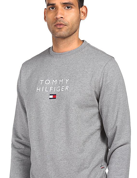 Buy Tommy Hilfiger Men Grey Embroidered Logo Heathered Sweatshirt