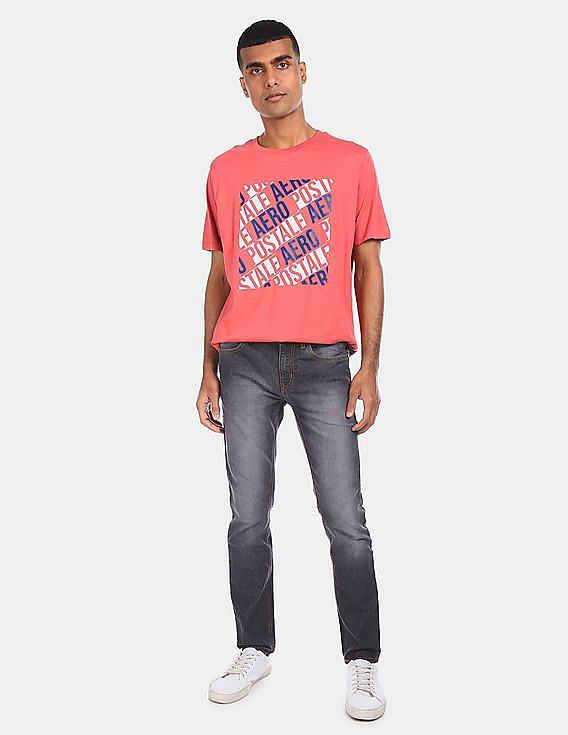 Aeropostale Men Coral Pink Crew Neck Cotton Graphic Print T-Shirt