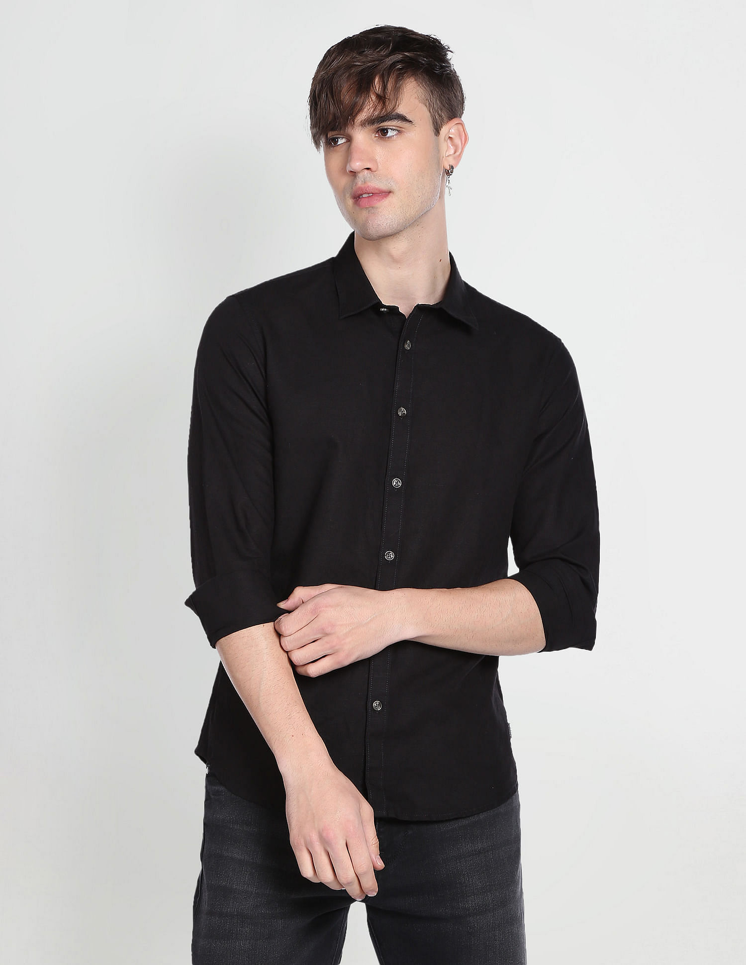 Flying Machine Spread Collar Solid Shirt
