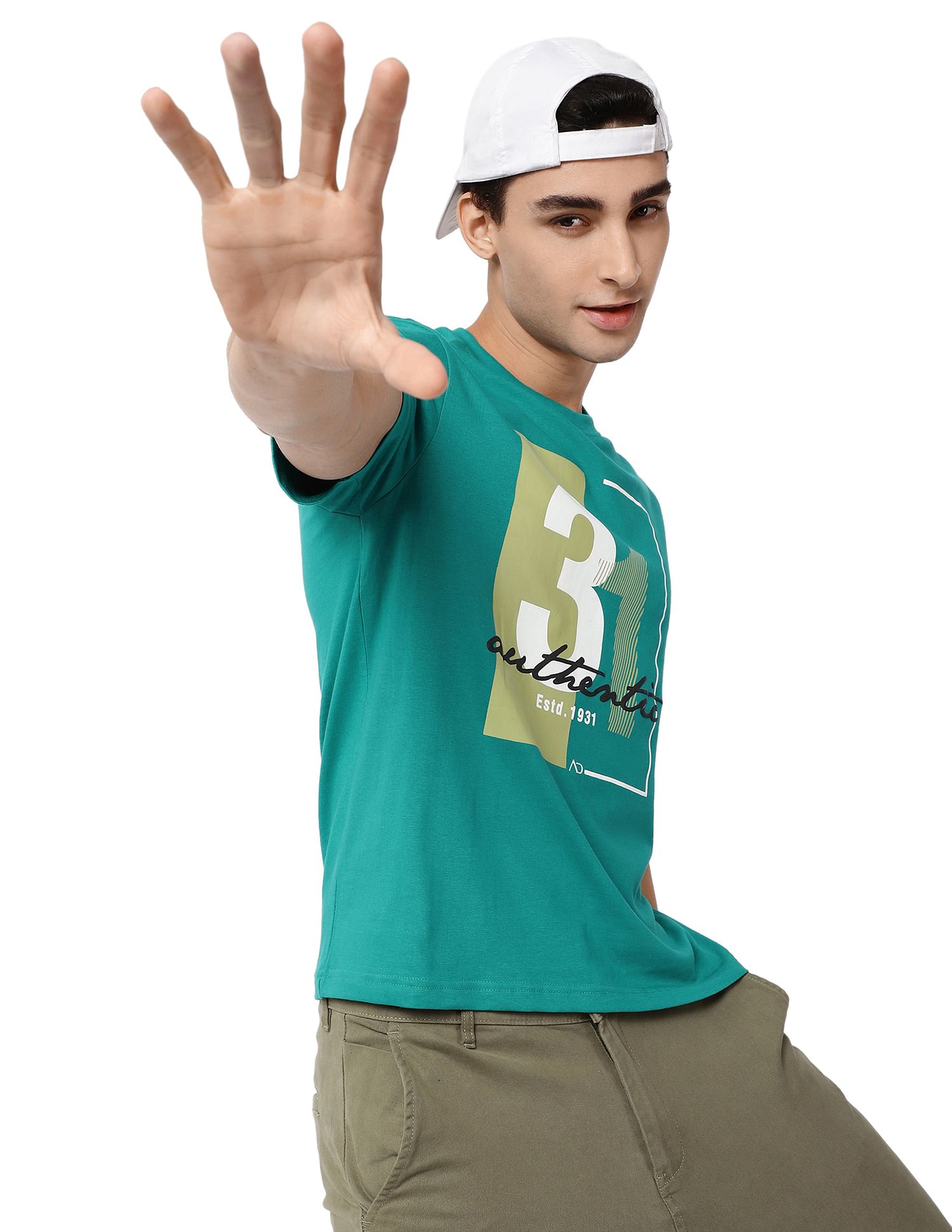 AD by Arvind Crew Neck Typographic Print Cotton T-Shirt