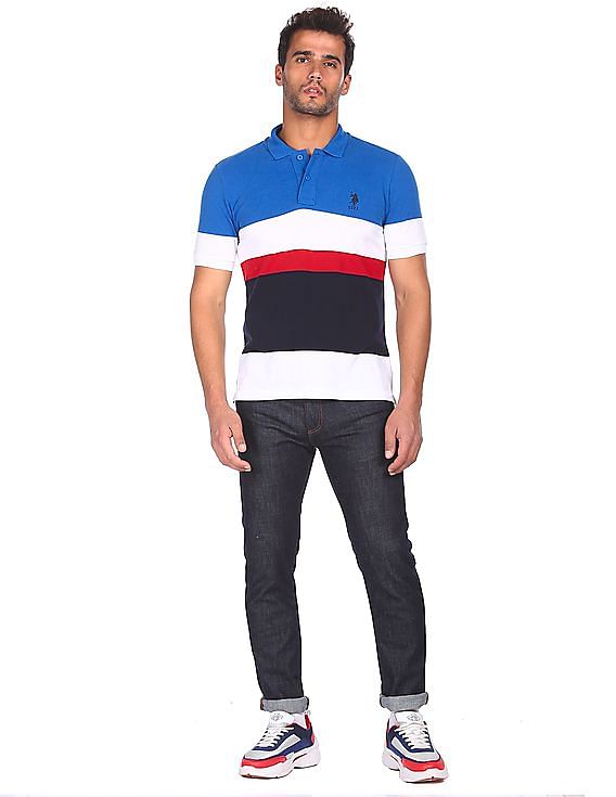 U.S. Polo Assn. Men Multi Colour Cotton Striped Polo Shirt