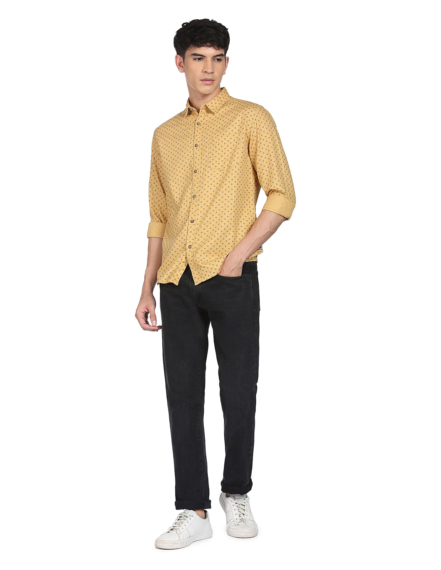Flying Machine Herringbone Weave Geometric Print Shirt