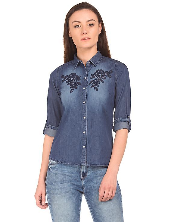 Mid Blue Floral Embroidered Regular Denim Shirt | ADFY-PEDT-009 | Cilory.com