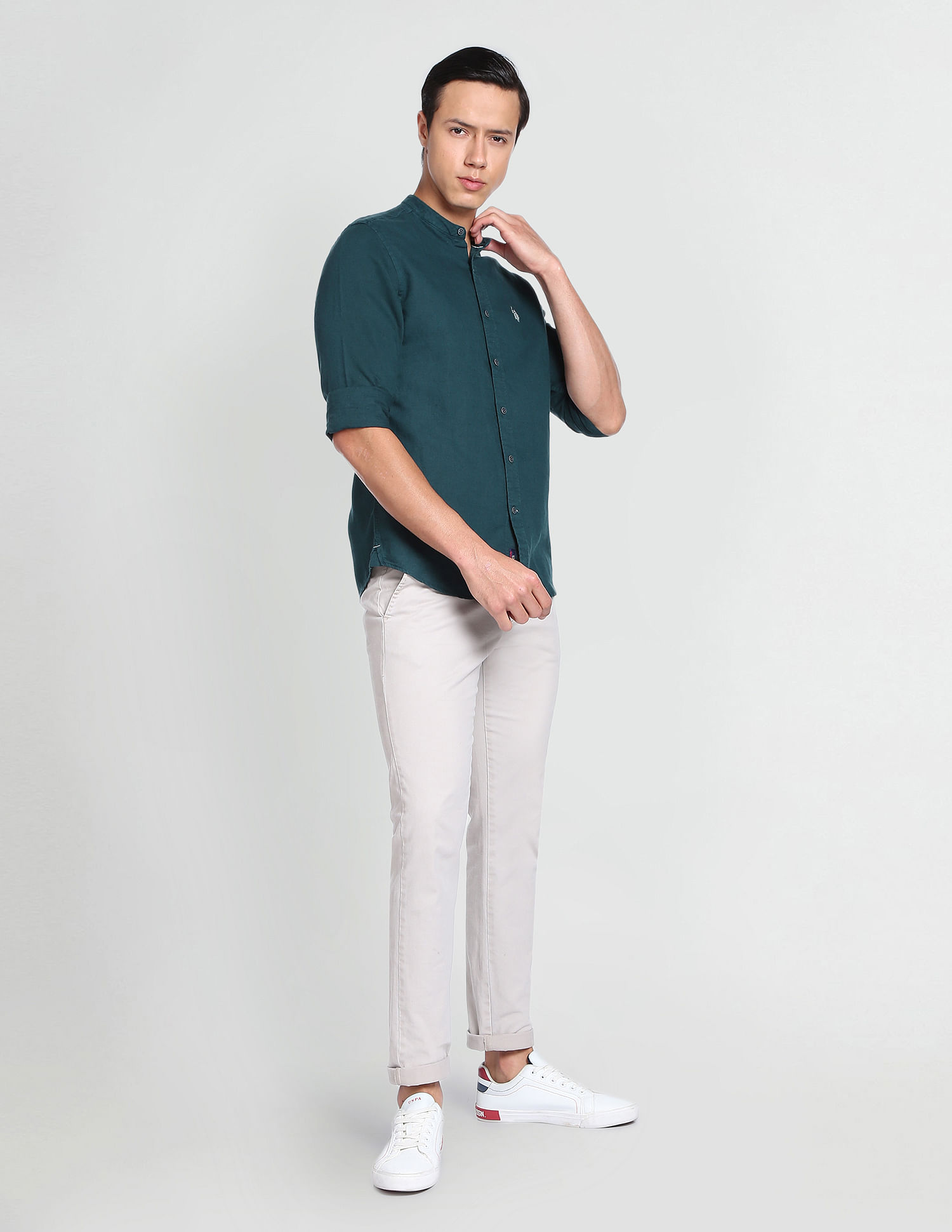 U.S. Polo Assn. Denim Co. Mandarin Collar Overdyed Solid Shirt