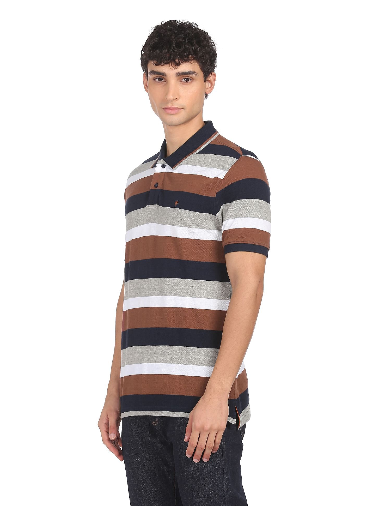 AD by Arvind Cotton Horizontal Stripe Polo Shirt