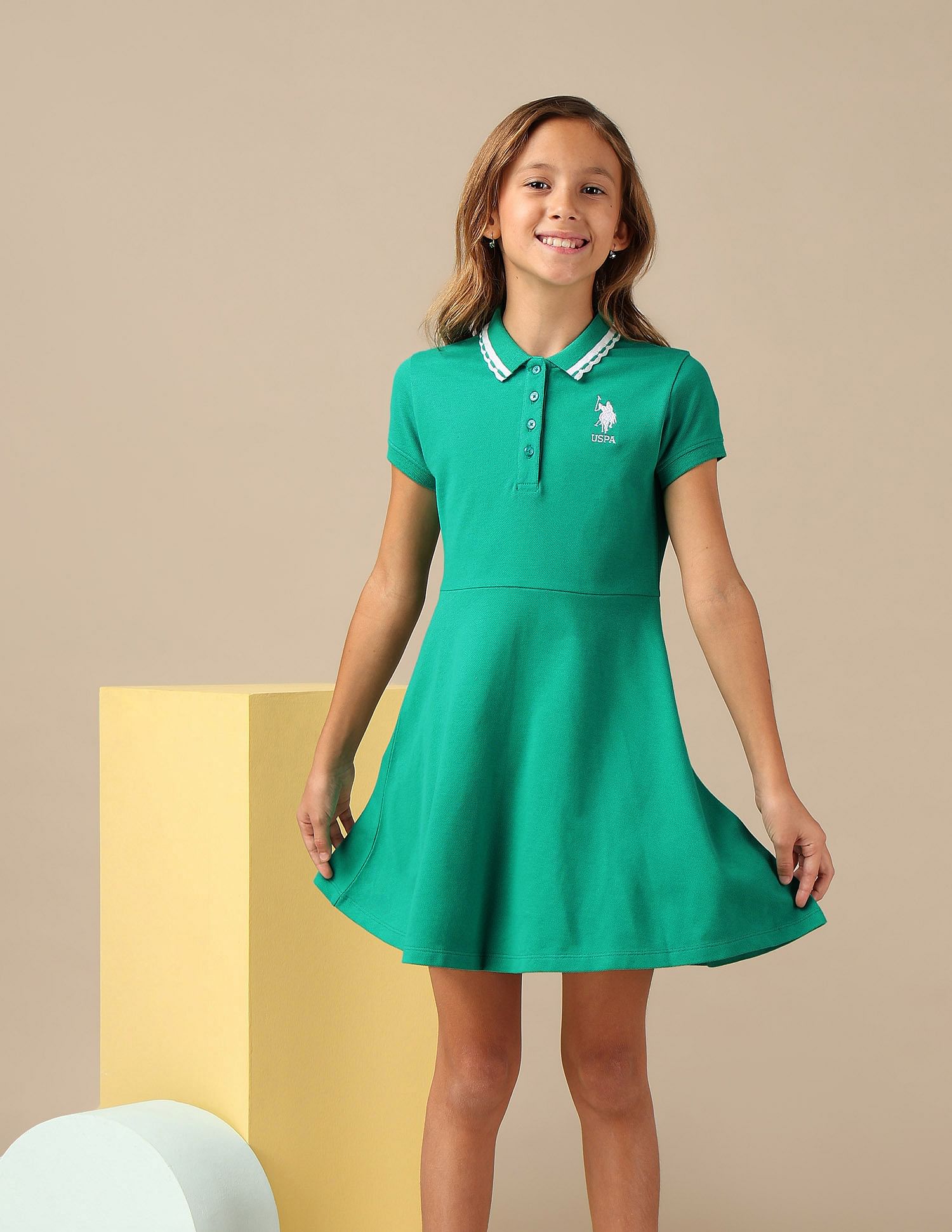 U.S. Polo Assn. Kids Girls Solid Fit And Flare Polo Dress