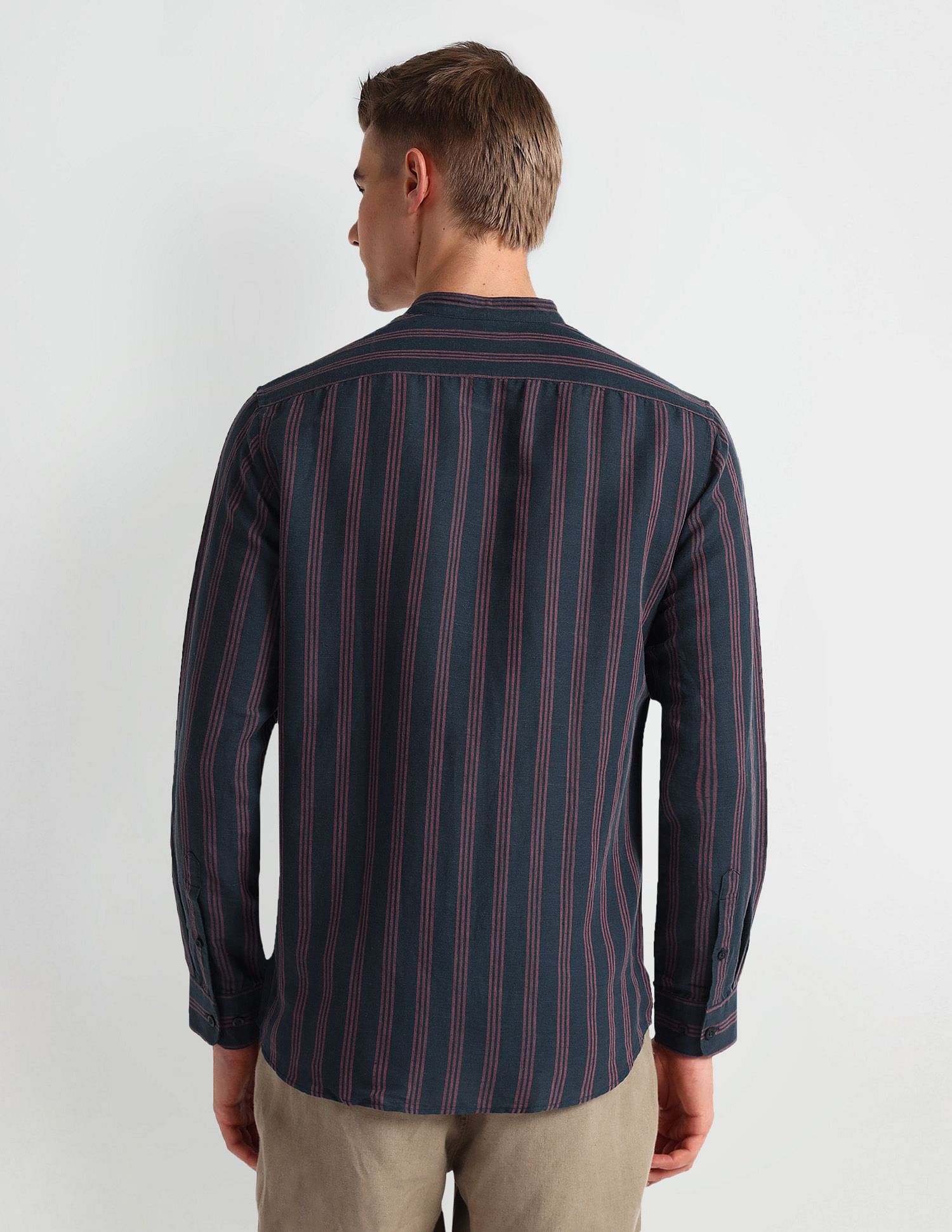 Arrow Sports Mandarin Collar Vertical Stripe Shirt