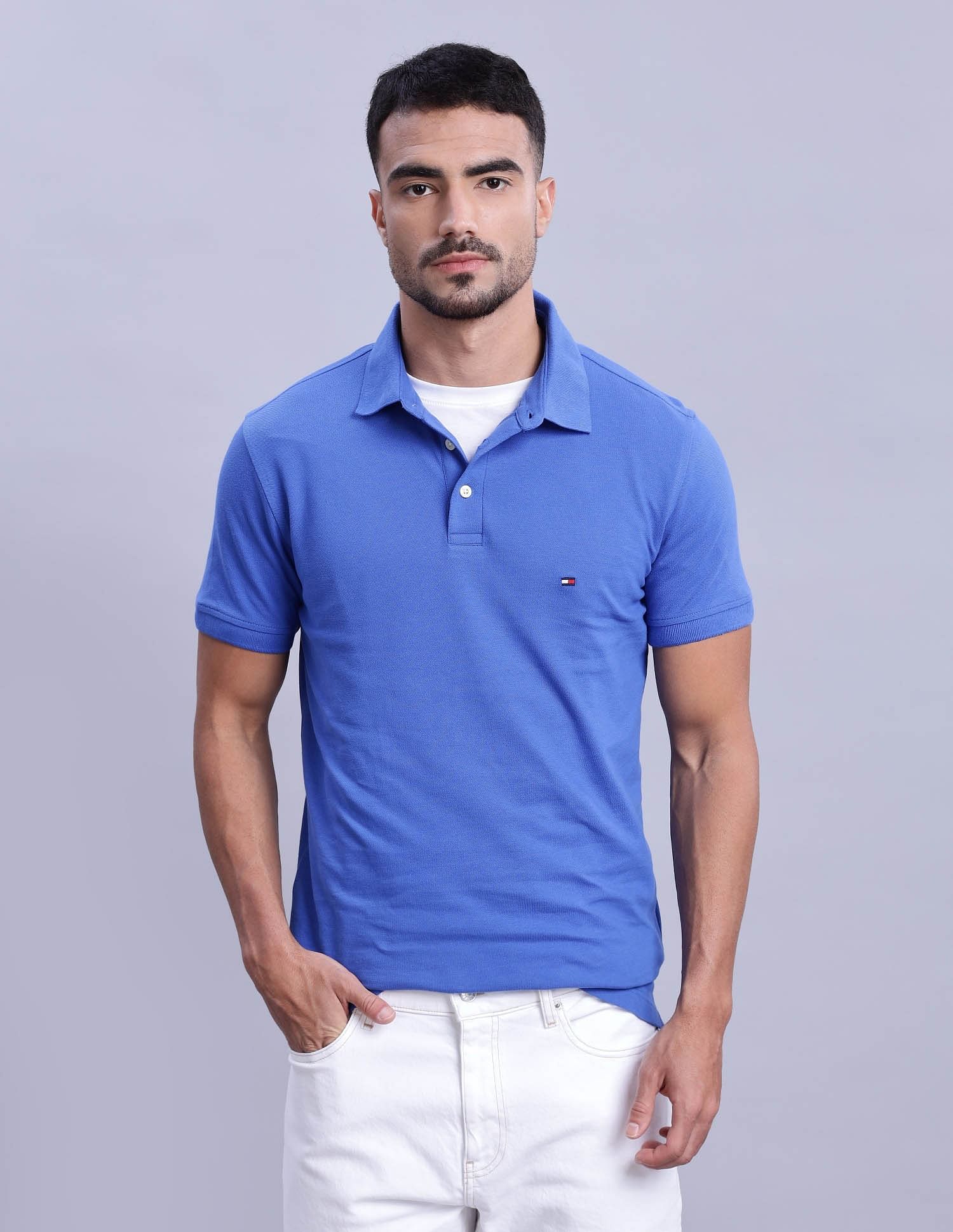 Tommy Hilfiger Mens Blue Solid Polo Shirt