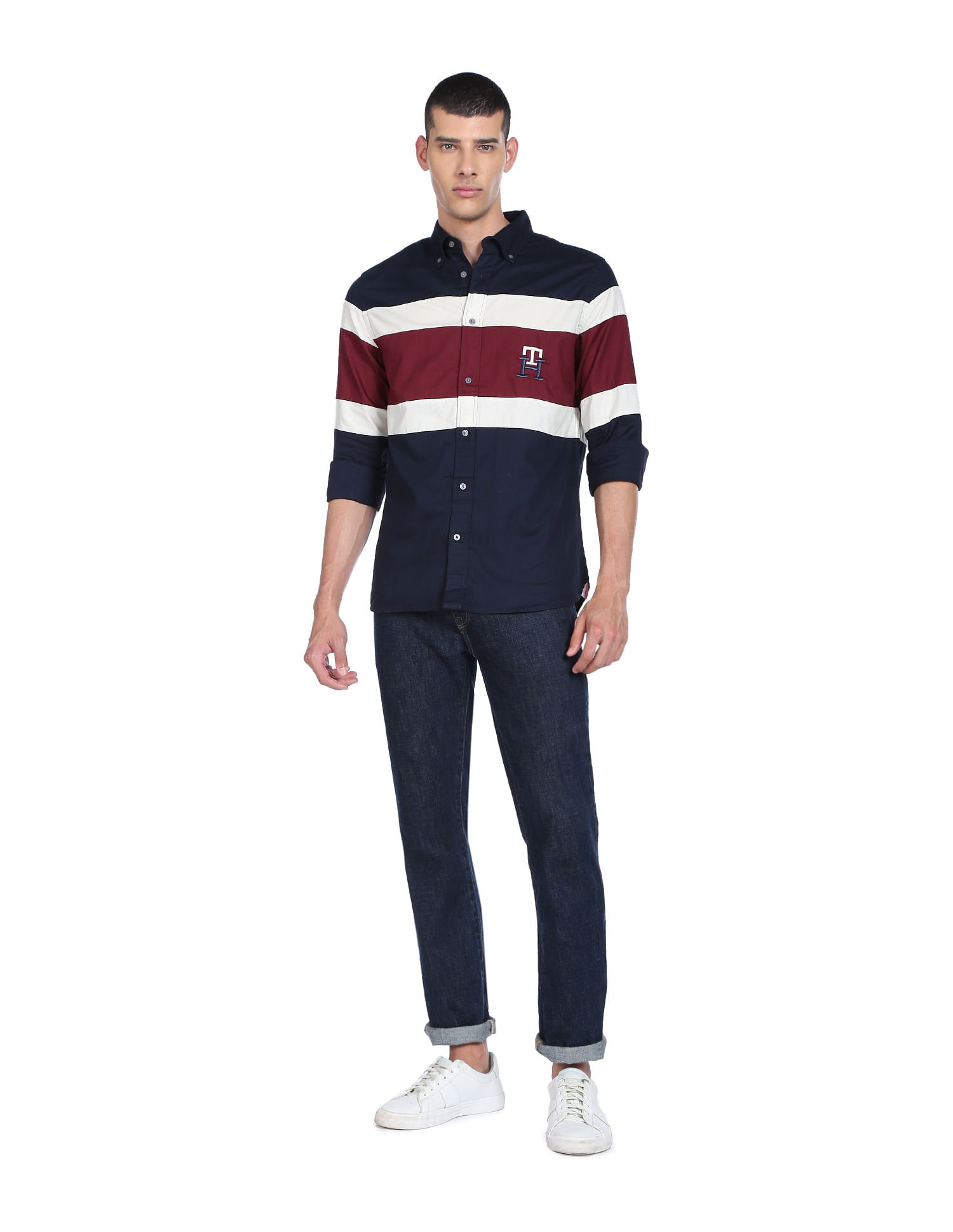 Tommy Hilfiger Men Navy Monogram Blocking Regular Fit Casual Shirt