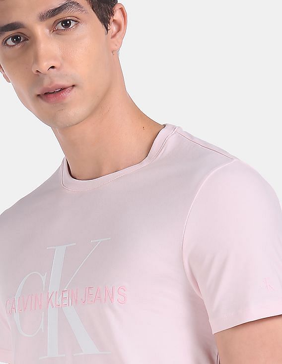 Buy Calvin Klein Men Light Pink Logo Printed Cotton T-Shirt