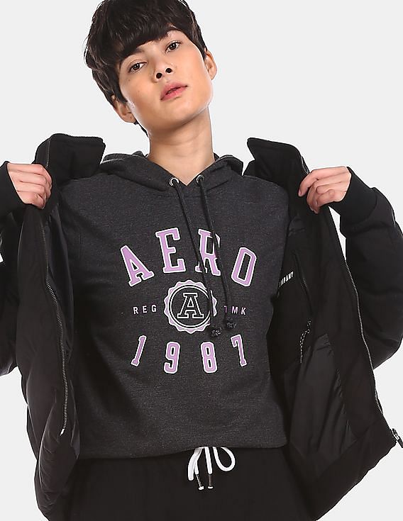 Aeropostale Women Charcoal Grey Drawstring Hood Printed Sweatshirt