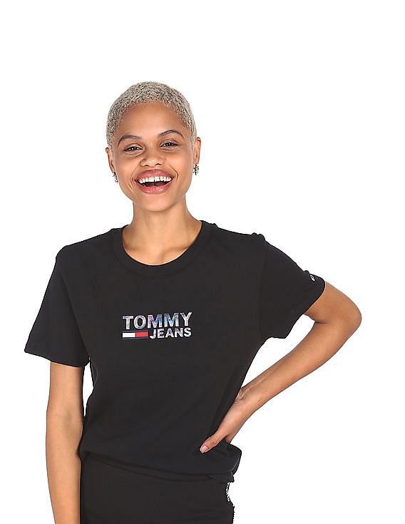 Buy Tommy Hilfiger Women Black Round Neck Brand Print T-Shirt 