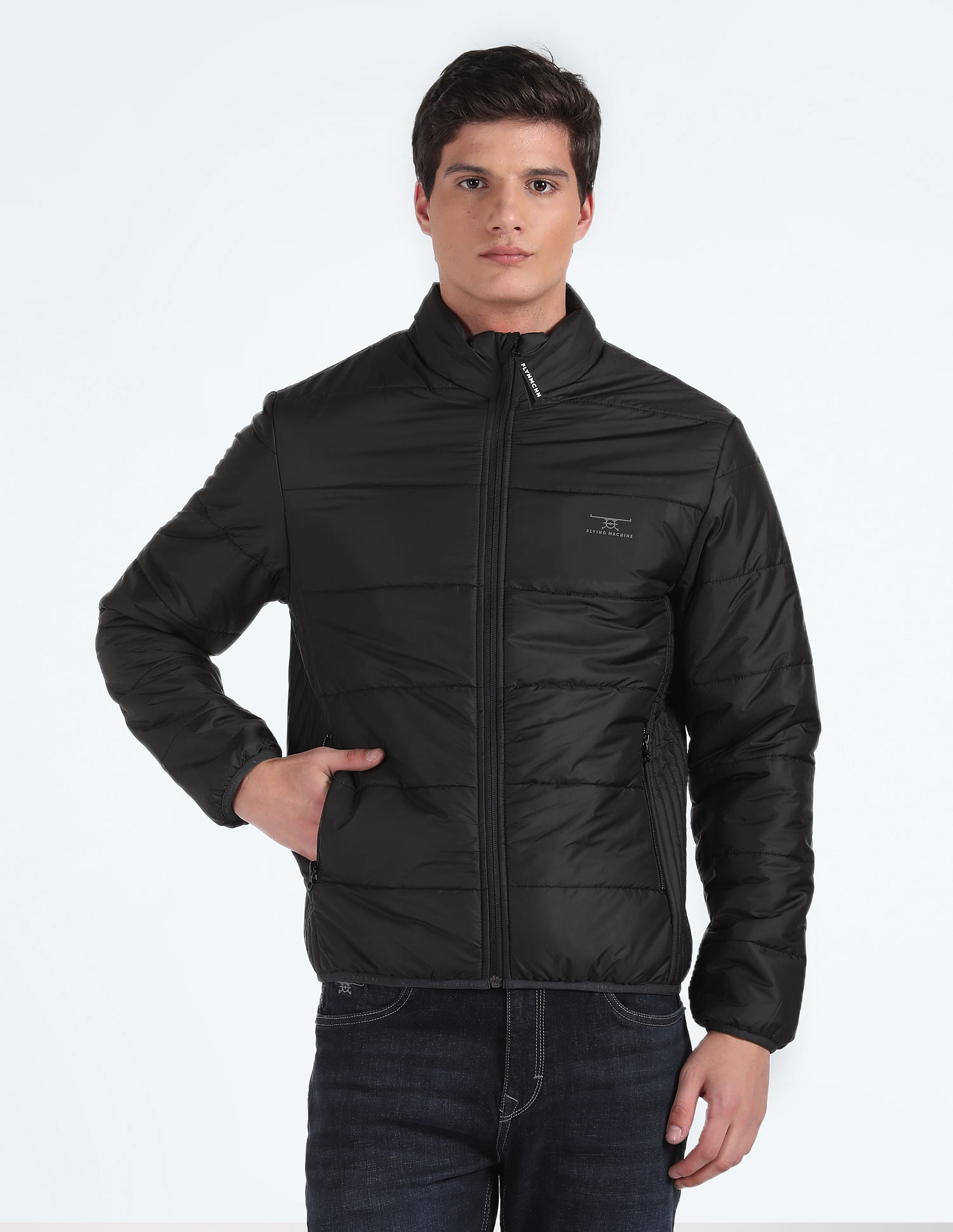 Flying Machine Stand Collar Solid Quilted Jacket