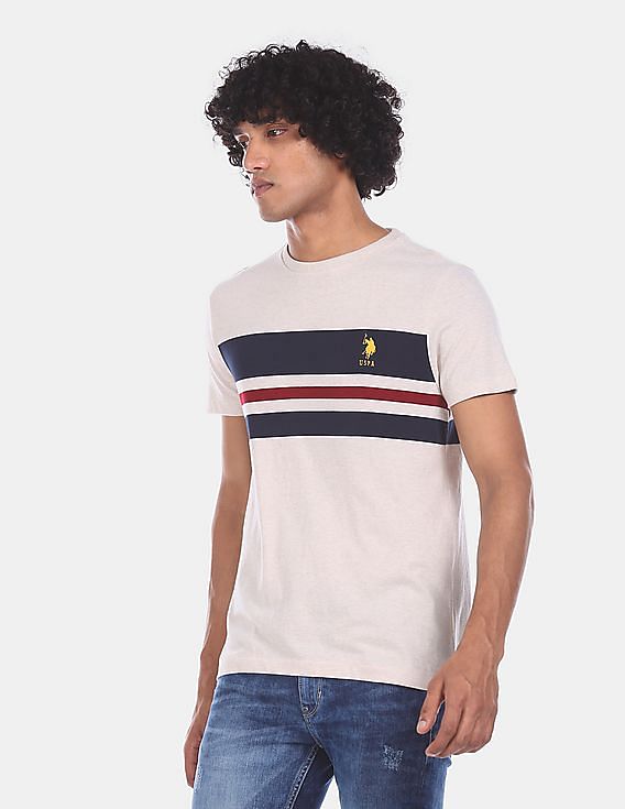 U.S. Polo Assn. Men Off White Cotton Striped T-Shirt