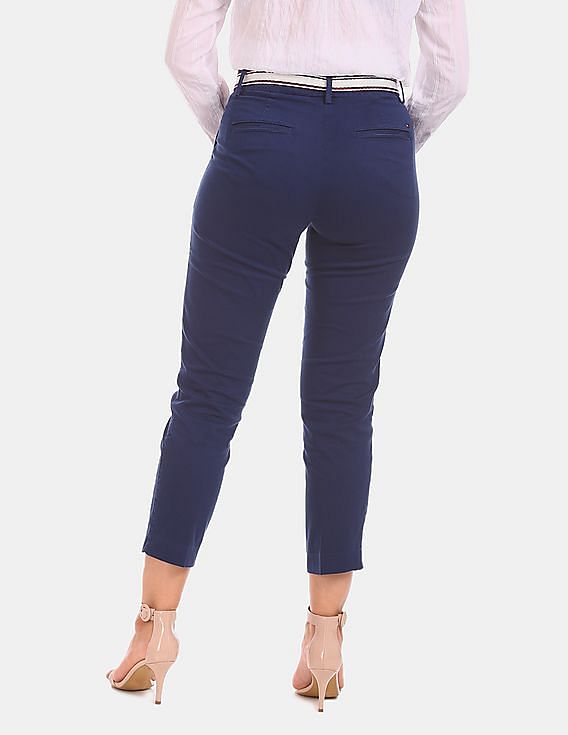 Tommy Hilfiger Women Blue Cotton Stretch Dobby Pants