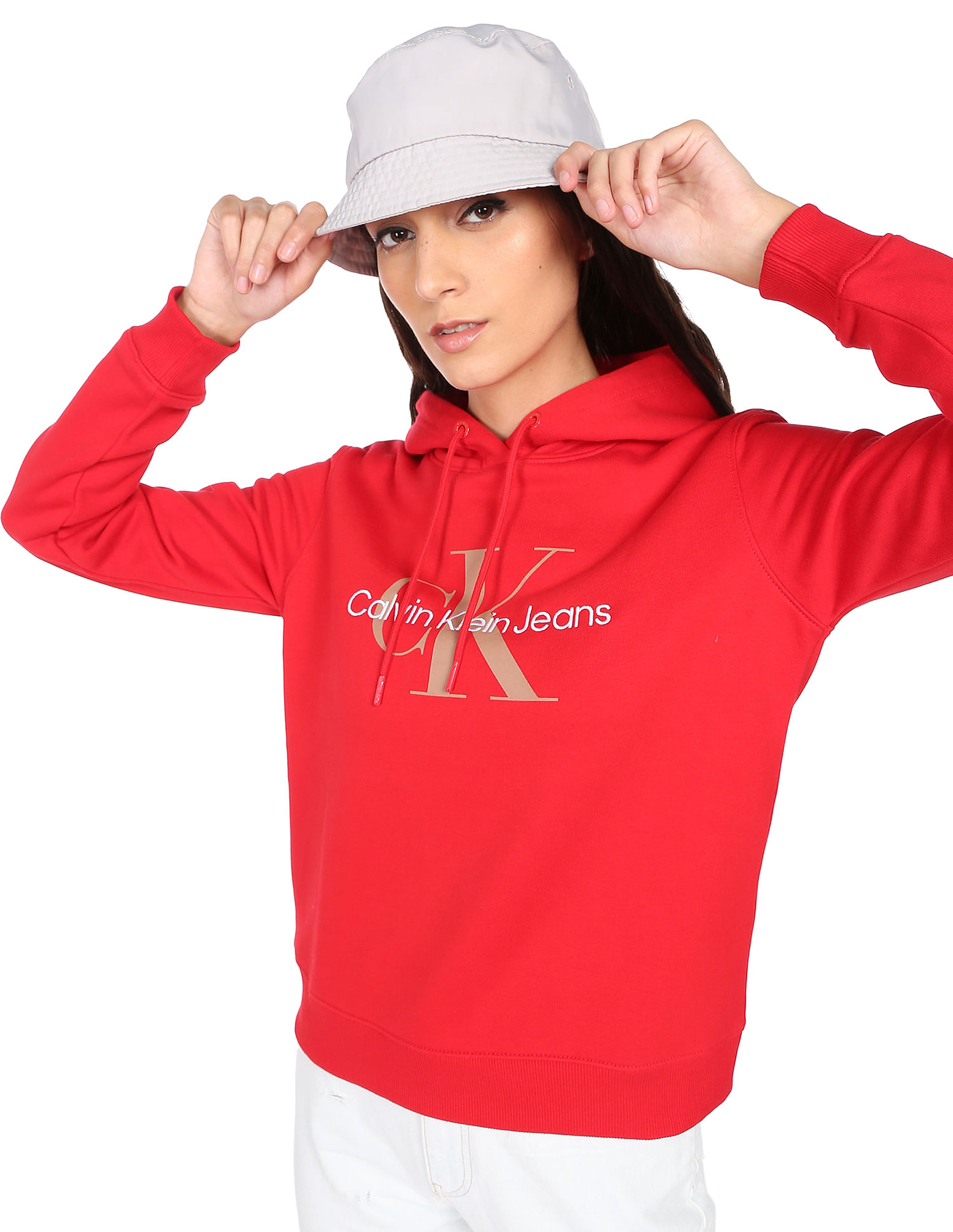 Buy Calvin Klein Women Red Brand Embroidered Hooded Sweatshirt 