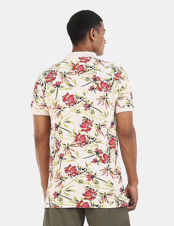 Aeropostale Men Off White Floral Printed Cotton Polo Shirt