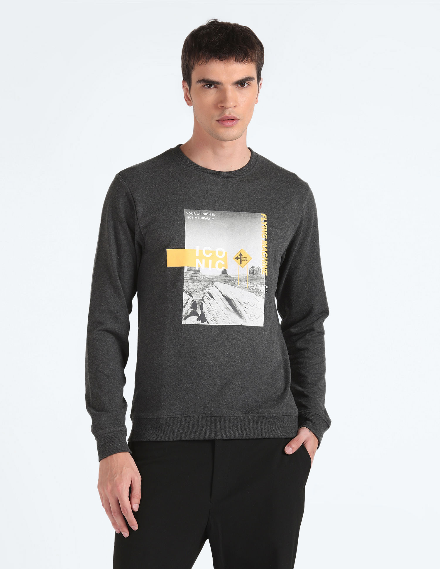 Flying Machine Crew Neck Graphic Print Sweatshirt