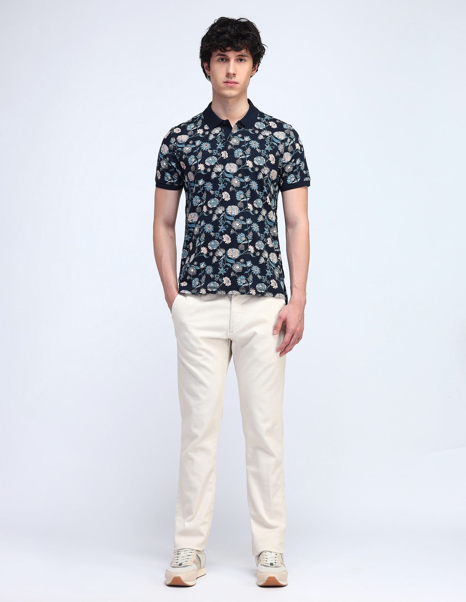 Flying Machine Floral Printed Cotton Polo Shirt