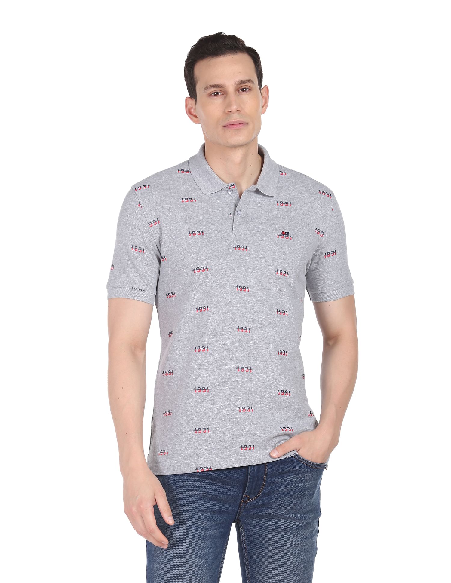 AD by Arvind Heathered Typography Print Cotton Polo Shirt