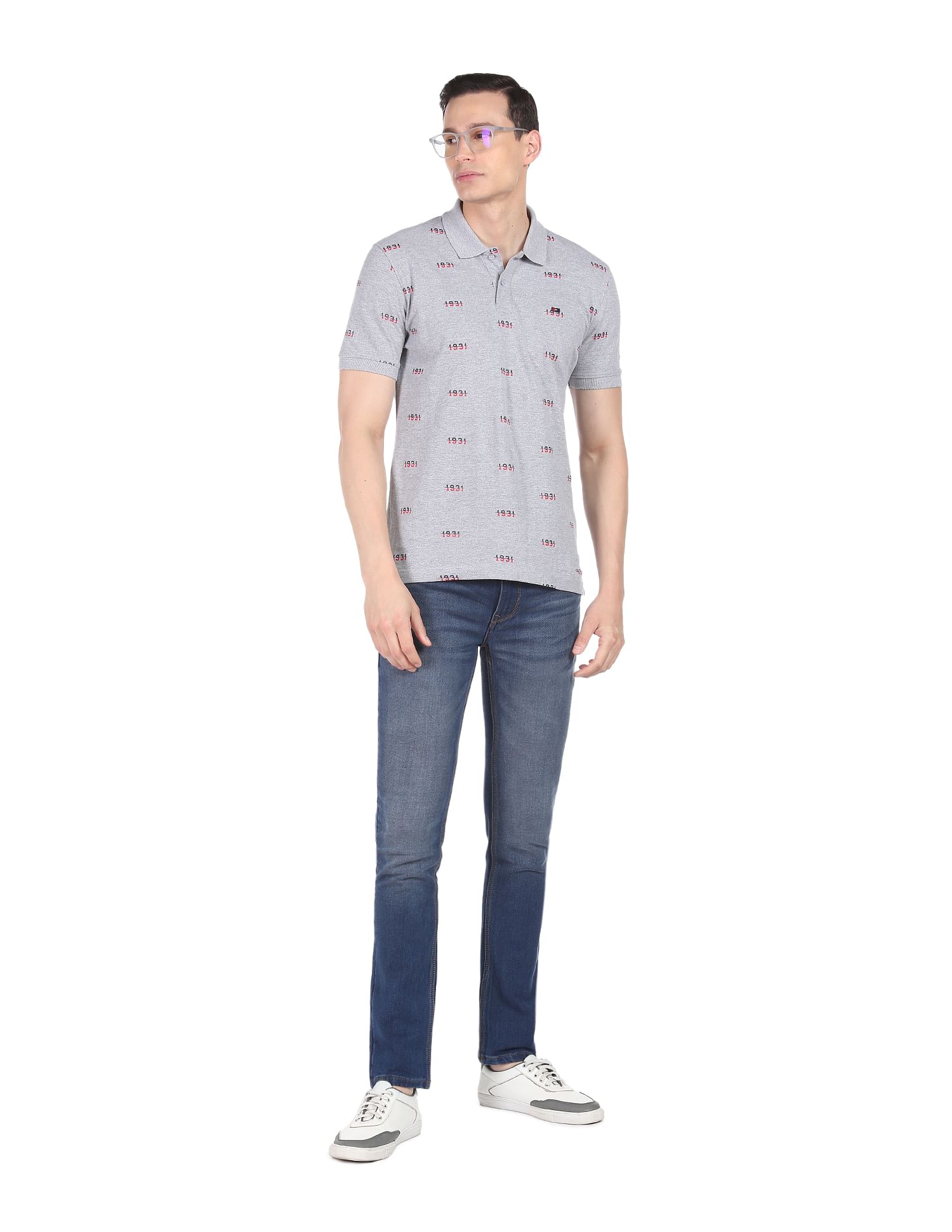 AD by Arvind Heathered Typography Print Cotton Polo Shirt