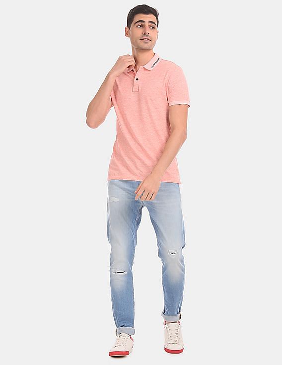 Calvin Klein Men Pink Institutional Heathered Cotton Pique Polo Shirt