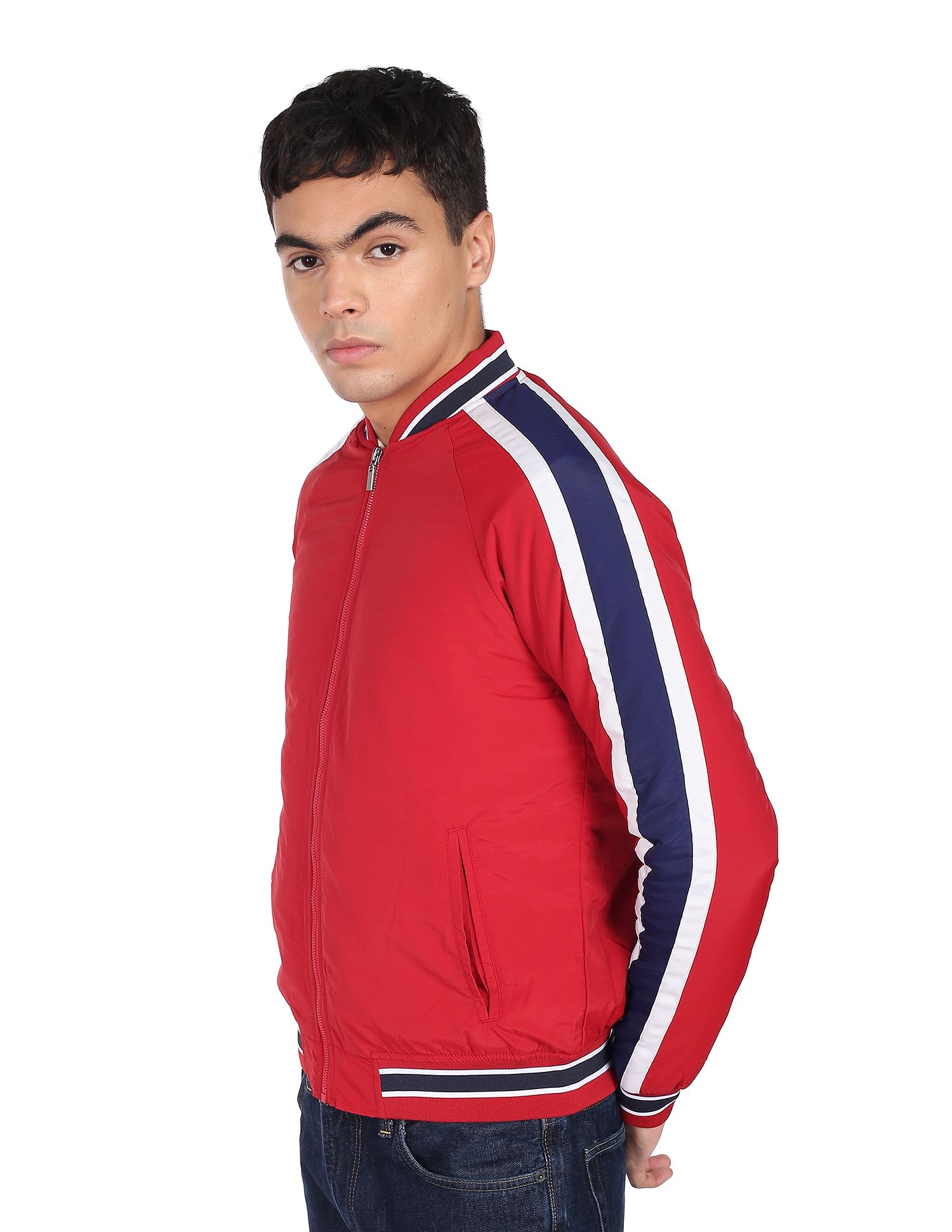 Flying Machine Stand Collar Striped Sleeve Bomber Jacket